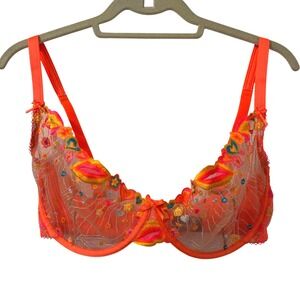 Honey Birdette Dixie Orange Embroidered Lips Floral Mesh Balconette Bra 36G Sexy